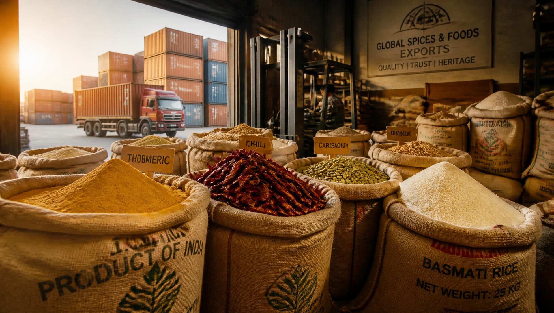 Sacks of turmeric, chilli, cardamom and basmati rice in an export warehouse